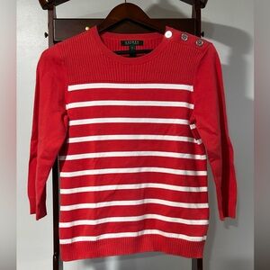 Ralph Lauren Women’s Medium Red White Striped Crewneck Sweater Three Quarter
